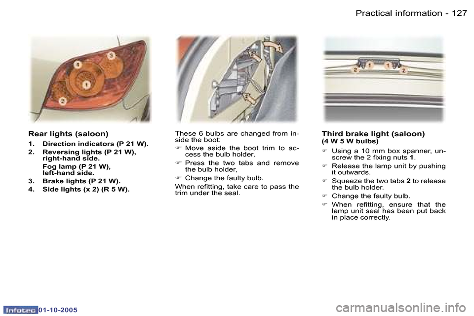 Peugeot 307 Break Dag 2005.5  Owners Manual �P�r�a�c�t�i�c�a�l� �i�n�f�o�r�m�a�t�i�o�n�1�2�6 �-
�0�1�-�1�0�-�2�0�0�5
�1�2�7�P�r�a�c�t�i�c�a�l� �i�n�f�o�r�m�a�t�i�o�n�-
�0�1�-�1�0�-�2�0�0�5
�R�e�a�r� �l�i�g�h�t�s� �(�s�a�l�o�o�n�)
�1�.�  �D�i�r�
