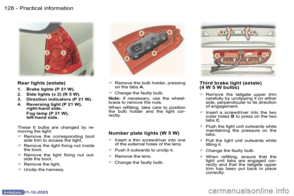 Peugeot 307 Break Dag 2005.5  Owners Manual �P�r�a�c�t�i�c�a�l� �i�n�f�o�r�m�a�t�i�o�n�1�2�8 �-
�0�1�-�1�0�-�2�0�0�5
�1�2�9�P�r�a�c�t�i�c�a�l� �i�n�f�o�r�m�a�t�i�o�n�-
�0�1�-�1�0�-�2�0�0�5
�T�h�i�r�d� �b�r�a�k�e� �l�i�g�h�t� �(�e�s�t�a�t�e�) 
�
