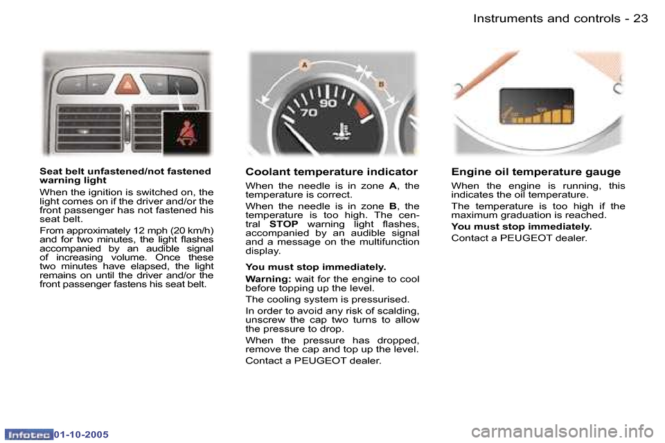 Peugeot 307 Break Dag 2005.5  Owners Manual �I�n�s�t�r�u�m�e�n�t�s� �a�n�d� �c�o�n�t�r�o�l�s�2�2 �-
�0�1�-�1�0�-�2�0�0�5
�2�3�I�n�s�t�r�u�m�e�n�t�s� �a�n�d� �c�o�n�t�r�o�l�s�-
�0�1�-�1�0�-�2�0�0�5
�S�e�a�t� �b�e�l�t� �u�n�f�a�s�t�e�n�e�d�/�n�o�