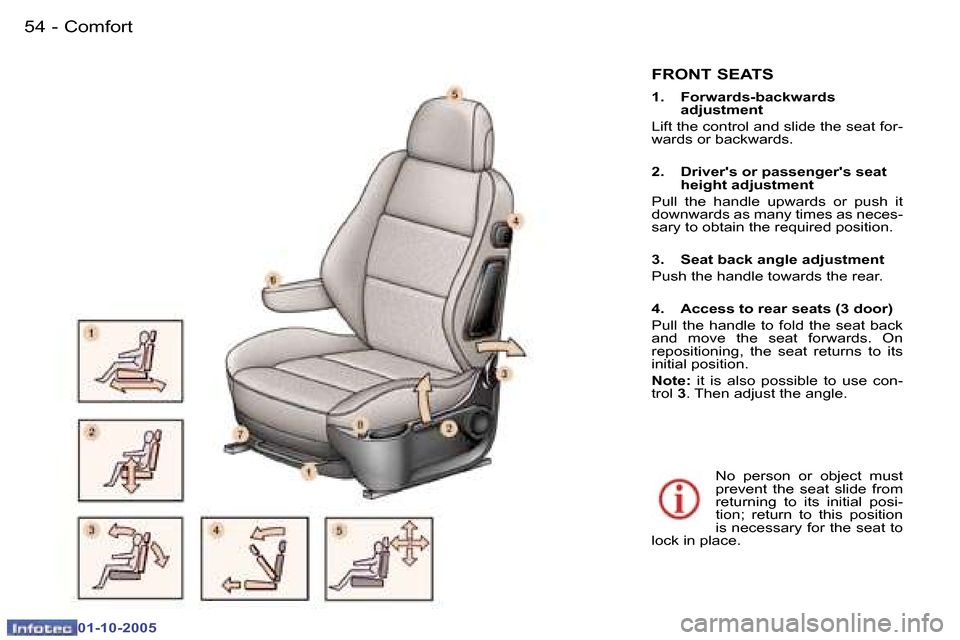 Peugeot 307 Break Dag 2005.5  Owners Manual �C�o�m�f�o�r�t�5�4 �-
�0�1�-�1�0�-�2�0�0�5
�5�5�C�o�m�f�o�r�t�-
�0�1�-�1�0�-�2�0�0�5
�F�R�O�N�T� �S�E�A�T�S
�1�.�  �F�o�r�w�a�r�d�s�-�b�a�c�k�w�a�r�d�s� �a�d�j�u�s�t�m�e�n�t
�L�i�f�t� �t�h�e� �c�o�n�t