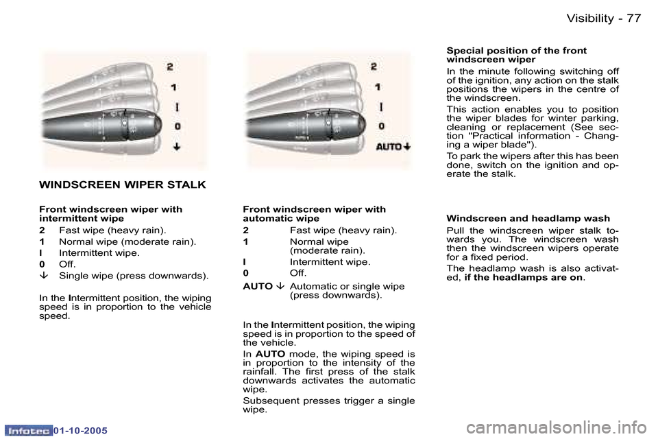 Peugeot 307 Break Dag 2005.5  Owners Manual �V�i�s�i�b�i�l�i�t�y�7�6 �-
�0�1�-�1�0�-�2�0�0�5
�7�7�V�i�s�i�b�i�l�i�t�y�-
�0�1�-�1�0�-�2�0�0�5
�S�p�e�c�i�a�l� �p�o�s�i�t�i�o�n� �o�f� �t�h�e� �f�r�o�n�t�  
�w�i�n�d�s�c�r�e�e�n� �w�i�p�e�r 
�I�n�  