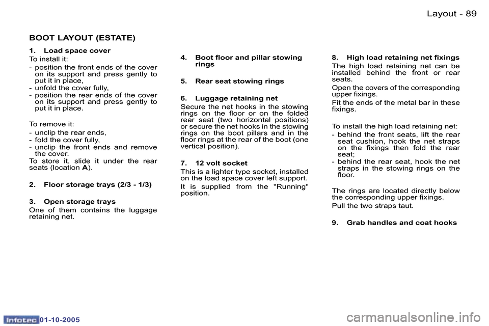 Peugeot 307 Break Dag 2005.5  Owners Manual �L�a�y�o�u�t�8�8 �-
�0�1�-�1�0�-�2�0�0�5
�8�9�L�a�y�o�u�t�-
�0�1�-�1�0�-�2�0�0�5
�B�O�O�T� �L�A�Y�O�U�T� �(�E�S�T�A�T�E�)
�1�.�  �L�o�a�d� �s�p�a�c�e� �c�o�v�e�r 
�T�o� �i�n�s�t�a�l�l� �i�t�:
�-�  �p�