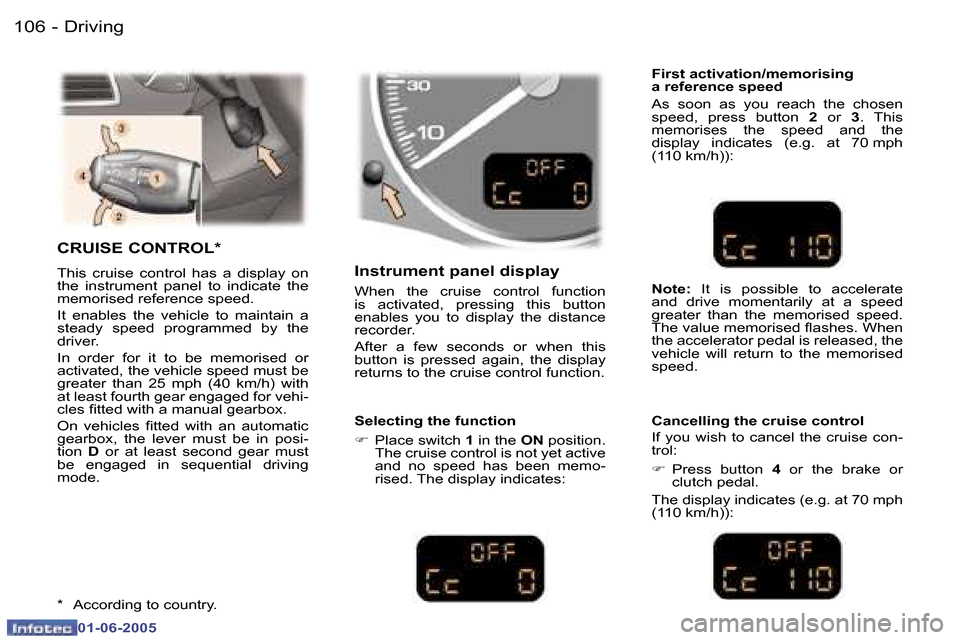 Peugeot 307 Break Dag 2005  Owners Manual �1�0�6 �-
�0�1�-�0�6�-�2�0�0�5
�1�0�7
�-
�0�1�-�0�6�-�2�0�0�5
�C�R�U�I�S�E� �C�O�N�T�R�O�L�*
�T�h�i�s�  �c�r�u�i�s�e�  �c�o�n�t�r�o�l�  �h�a�s�  �a�  �d�i�s�p�l�a�y�  �o�n�  
�t�h�e�  �i�n�s�t�r�u�m�e