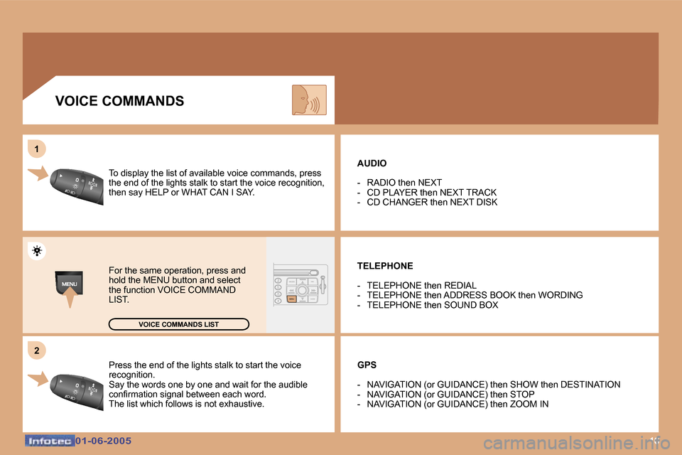 Peugeot 307 Break Dag 2005  Owners Manual �1�6�0�1�-�0�6�-�2�0�0�5�0�1�-�0�6�-�2�0�0�5
�P�r�e�s�s� �t�h�e� �e�n�d� �o�f� �t�h�e� �l�i�g�h�t�s� �s�t�a�l�k� �t�o� �s�t�a�r�t� �t�h�e� �v�o�i�c�e
�r�e�c�o�g�n�i�t�i�o�n�. 
�S�a�y� �t�h�e� �w�o�r�d