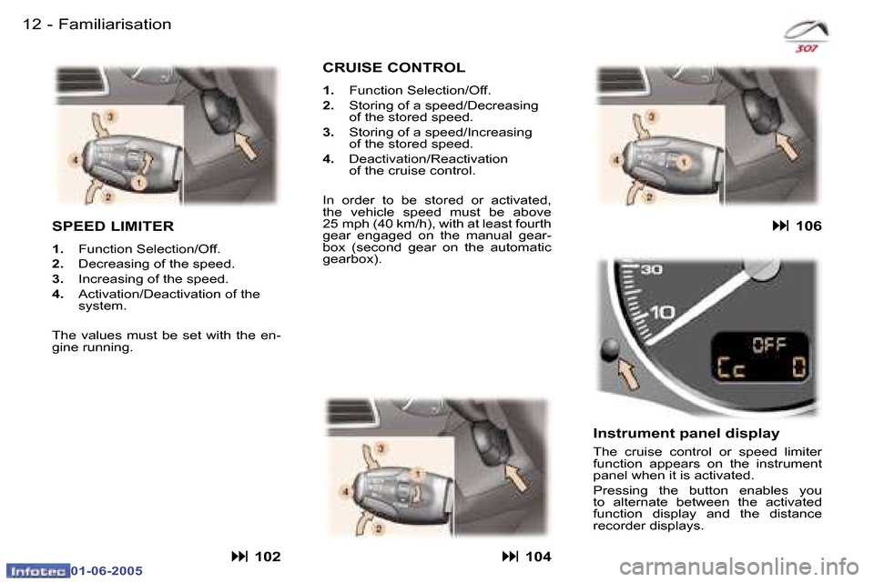 Peugeot 307 Break Dag 2005  Owners Manual �1�2 �-
�0�1�-�0�6�-�2�0�0�5
�1�3
�-
�0�1�-�0�6�-�2�0�0�5
�F�a�m�i�l�i�a�r�i�s�a�t�i�o�n
�S�P�E�E�D� �L�I�M�I�T�E�R
�1�. �  �F�u�n�c�t�i�o�n� �S�e�l�e�c�t�i�o�n�/�O�f�f�.
�2�. �  �D�e�c�r�e�a�s�i�n�g�