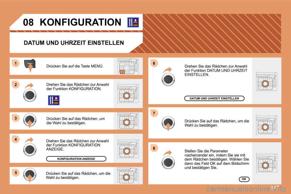 Peugeot 307 CC 2007.5  Betriebsanleitung (in German) 147
ESCLIST
MENU
ESC
MENU LIST
ESC
MENU LIST
ESC
MENU LIST
ESC
MENU LIST
MENU
ESC
MENU LIST
ESC
MENU LIST
1 
2 
3 
4
5 6 
7 
8
ESC
MENU LIST
08 KONFIGURATION
DATUM UND UHRZEIT EINSTELLEN 
Drücken Sie