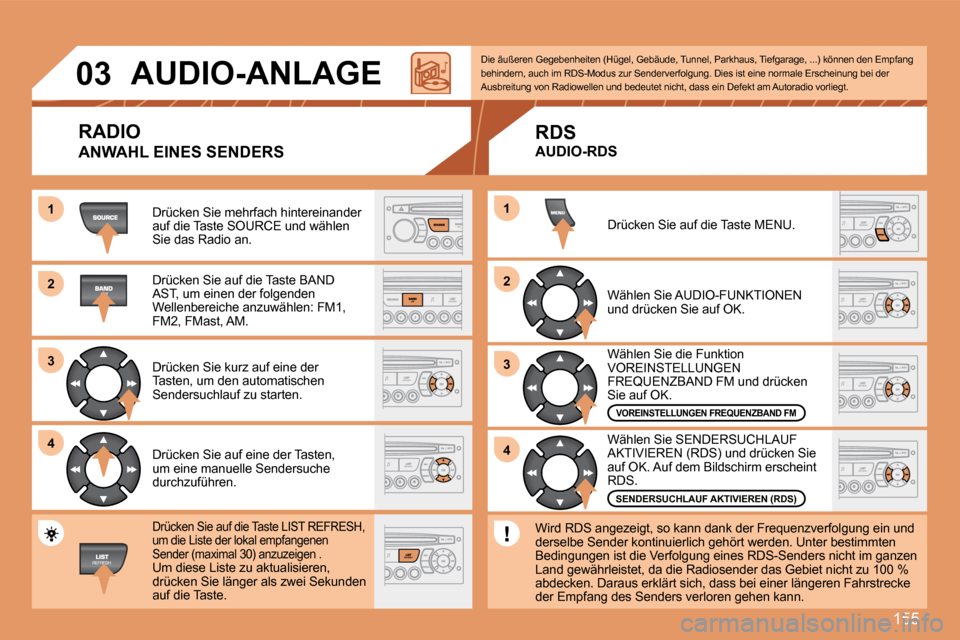 Peugeot 307 CC 2007.5 Betriebsanleitung (in German) 155
1
2
3
4
2
4
3
1
03
AUDIO-ANLAGE
RADIO
ANWAHL EINES SENDERS
Drücken Sie mehrfach hintereinander
auf die Taste SOURCE und wählen
Sie das Radio an.
Drücken Sie auf die Taste BAND
AST Peugeot 307 CC 2007.5 Betriebsanleitung (in German) 155
1
2
3
4
2
4
3
1
03
AUDIO-ANLAGE
RADIO
ANWAHL EINES SENDERS
Drücken Sie mehrfach hintereinander
auf die Taste SOURCE und wählen
Sie das Radio an.
Drücken Sie auf die Taste BAND
AST