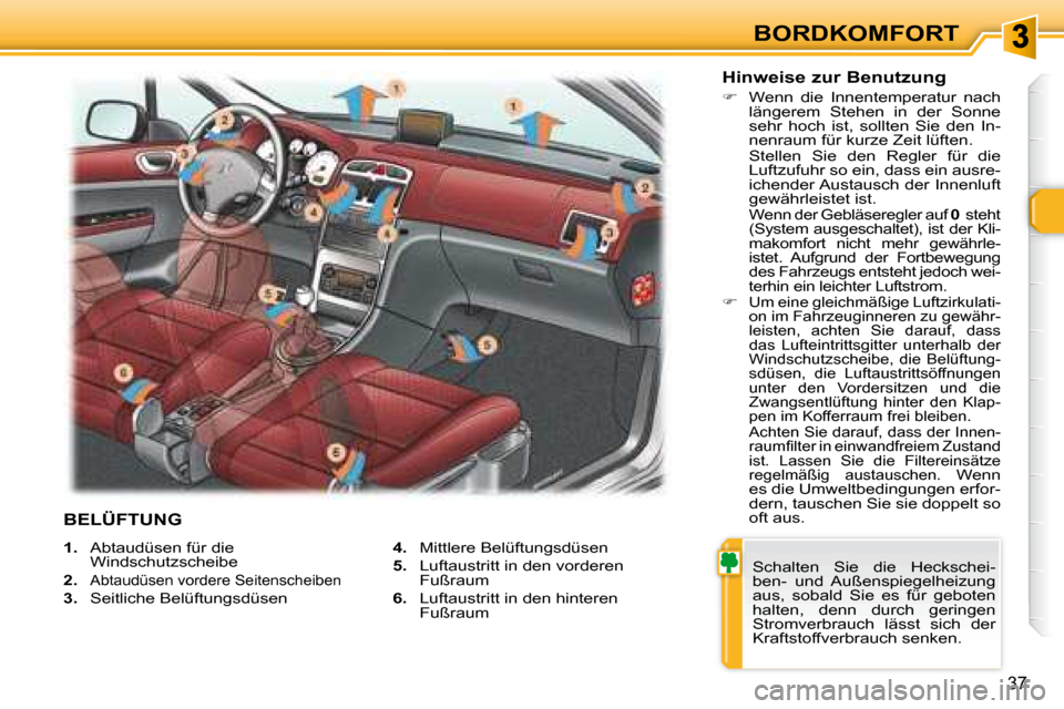 Peugeot 307 CC 2007.5  Betriebsanleitung (in German) 37
BORDKOMFORT
   
1.    Abtaudüsen für die 
Windschutzscheibe  
  
2.   
Abtaudüsen vordere Seitenscheiben  
  
3.    Seitliche Belüftungsdüsen     
4.    Mittlere Belüftungsdüsen  
  
5.    L
