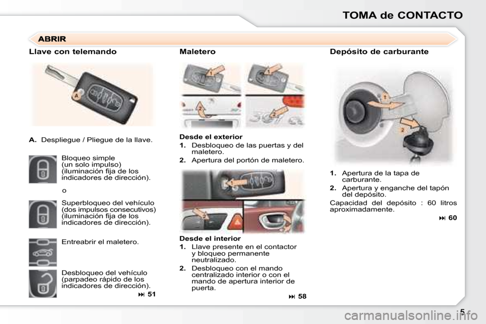 Peugeot 307 CC 2007.5  Manual del propietario (in Spanish) TOMA de CONTACTO
  Depósito de carburante 
  
Desde el exterior   
   
1.    Desbloqueo de las puertas y del 
maletero. 
  
2.    Apertura del portón de maletero.  
  Llave con telemando  
   
A.   
