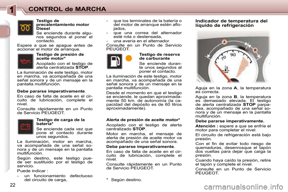 Peugeot 307 CC 2007.5 Manual del propietario (in Spanish) 22
CONTROL de MARCHA Alerta de presión de aceite motor *
Acoplado con el testigo de alerta
centralizado STOP .
Motor en marcha, el mensaje de
alerta de presión de aceite motor Peugeot 307 CC 2007.5 Manual del propietario (in Spanish) 22
CONTROL de MARCHA Alerta de presión de aceite motor *
Acoplado con el testigo de alerta
centralizado STOP .
Motor en marcha, el mensaje de
alerta de presión de aceite motor
