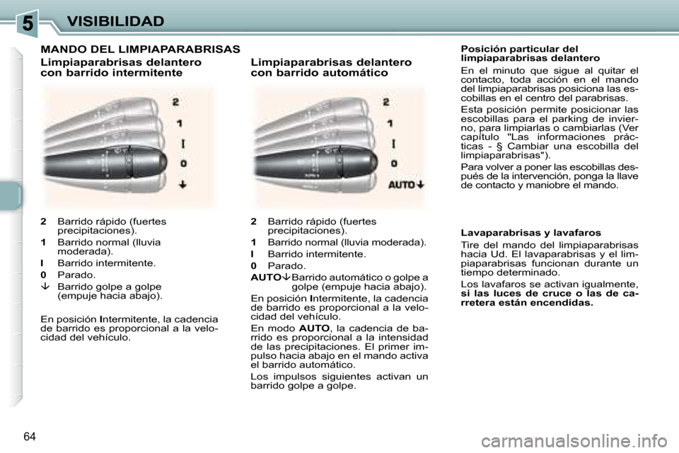 Peugeot 307 CC 2007.5 Manual del propietario (in Spanish) 64
VISIBILIDAD Posición particular del
limpiaparabrisas delantero
En el minuto que sigue al quitar el
contacto, toda acción en el mando
del limpiaparabrisas posiciona las es-
Peugeot 307 CC 2007.5 Manual del propietario (in Spanish) 64
VISIBILIDAD Posición particular del
limpiaparabrisas delantero
En el minuto que sigue al quitar el
contacto, toda acción en el mando
del limpiaparabrisas posiciona las es-
