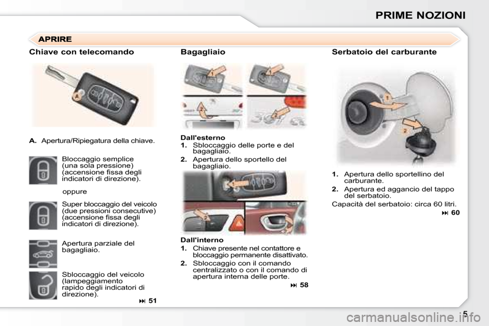 Peugeot 307 CC 2007.5  Manuale del proprietario (in Italian) PRIME NOZIONI
  Serbatoio del carburante 
  
Dallesterno   
   
1.    Sbloccaggio delle porte e del 
bagagliaio. 
  
2.    Apertura dello sportello del 
bagagliaio.  
  Chiave con telecomando  
   
A