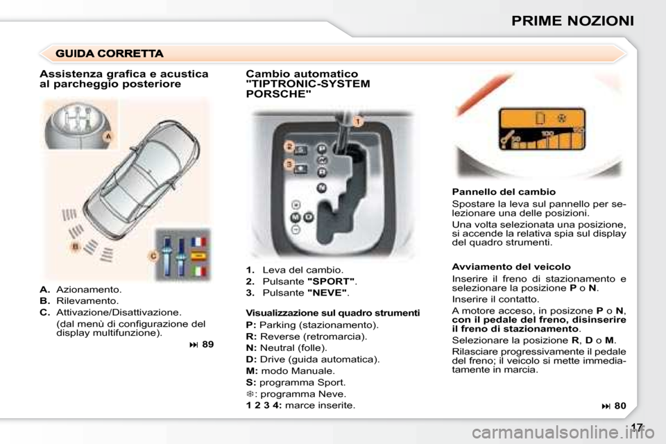 Peugeot 307 CC 2007.5  Manuale del proprietario (in Italian) PRIME NOZIONI
   
1.    Leva del cambio. 
  
2.    Pulsante   "SPORT" . 
  
3.    Pulsante   "NEVE" .     Pannello del cambio  
 Spostare la leva sul pannello per se- 
lezionare una delle posizioni.  