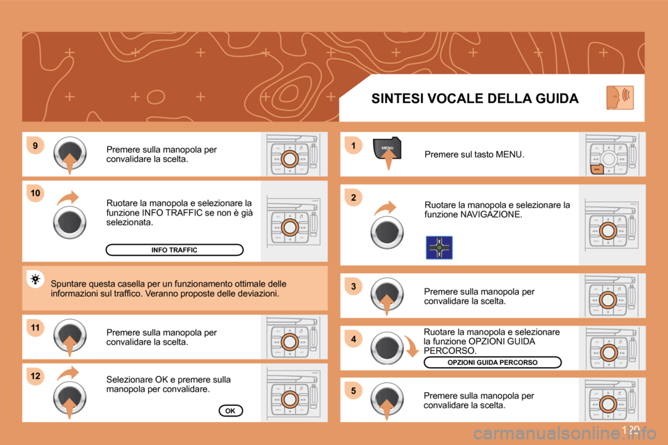 Peugeot 307 CC 2007.5  Manuale del proprietario (in Italian) 129
ESC
MENU LISTESC
MENU LIST
MENU9
10
11
12 1 
2 
3 
4
5ESC LIST
MENU
ESC
MENU LISTESC
MENU LIST
ESC
MENU LIST
ESC
MENU LISTESC
MENU LIST
ESC
MENU LIST
Ruotare la manopola e selezionare la  
funzion