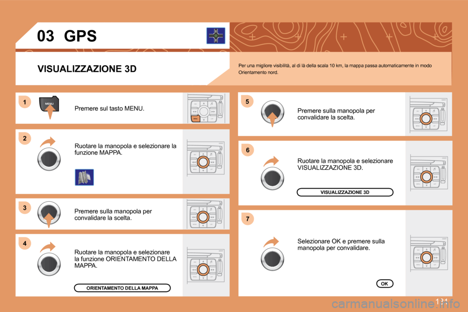 Peugeot 307 CC 2007.5  Manuale del proprietario (in Italian) 131
ESC
MENU LIST
MENU
ESC
MENU LIST
ESC
LIST
MENU
ESC
MENU LIST
ESC
MENU LIST
1 
2 
3 
4 5
6 
7
ESC
MENU LIST
ESC
MENU LIST
03
Per una migliore visibilità, al di là della scala 10 km, la mappa pass