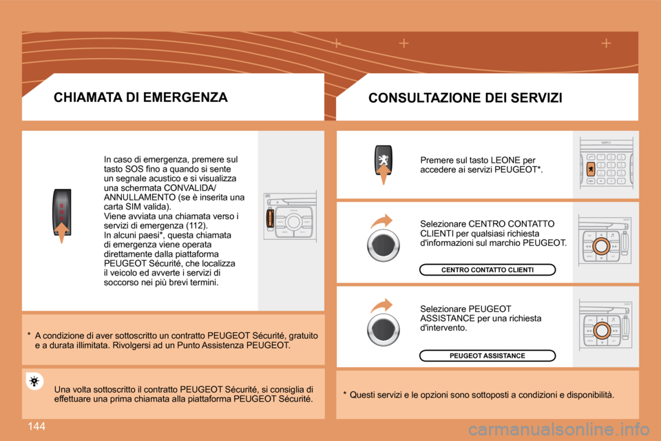 Peugeot 307 CC 2007.5  Manuale del proprietario (in Italian) 144
S
O
SS
O SSOURCE
MODE BAND TPT
A  Y
DARK
2
abc
5
jkl
8
tuv 3
def
6
mno
9
wxyz
1 4
ghi
r
7
pq s
0 #
ESC
MENU LIST
ESC
MENU LIST
CHIAMATA DI EMERGENZA
In caso di emergenza, premere sul  
 t a s t o 