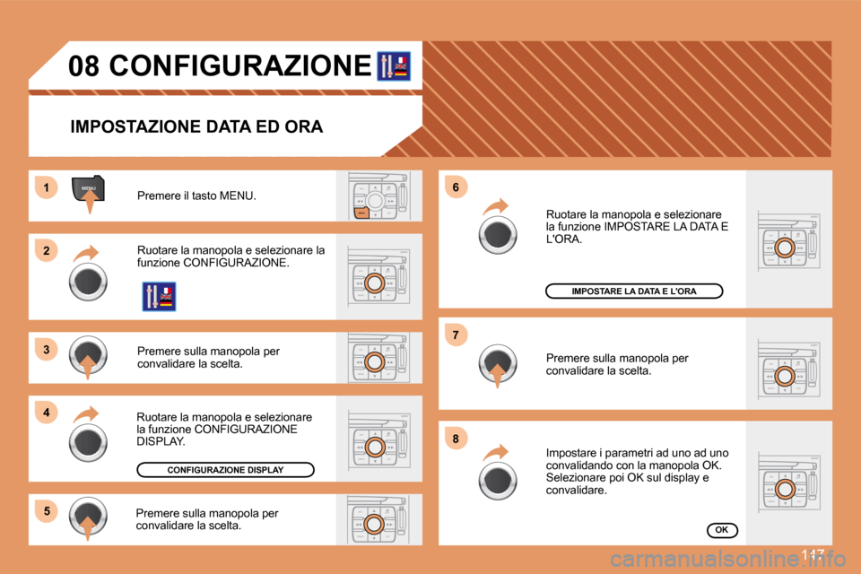 Peugeot 307 CC 2007.5  Manuale del proprietario (in Italian) 147
ESCLIST
MENU
ESC
MENU LIST
ESC
MENU LIST
ESC
MENU LIST
ESC
MENU LIST
MENU
ESC
MENU LIST
ESC
MENU LIST
1 
2 
3 
4
5 6 
7 
8
ESC
MENU LIST
08CONFIGURAZIONE
IMPOSTAZIONE DATA ED ORA
Premere il tasto 