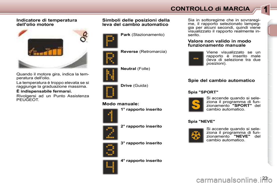 Peugeot 307 CC 2007.5 Manuale del proprietario (in Italian) 23
CONTROLLO di MARCIA
Quando il motore gira, indica la tem-
peratura dellolio.
La temperatura è troppo elevata se si
raggiunge la graduazione massima.
È indispensabile fermarsi.
R Peugeot 307 CC 2007.5 Manuale del proprietario (in Italian) 23
CONTROLLO di MARCIA
Quando il motore gira, indica la tem-
peratura dellolio.
La temperatura è troppo elevata se si
raggiunge la graduazione massima.
È indispensabile fermarsi.
R