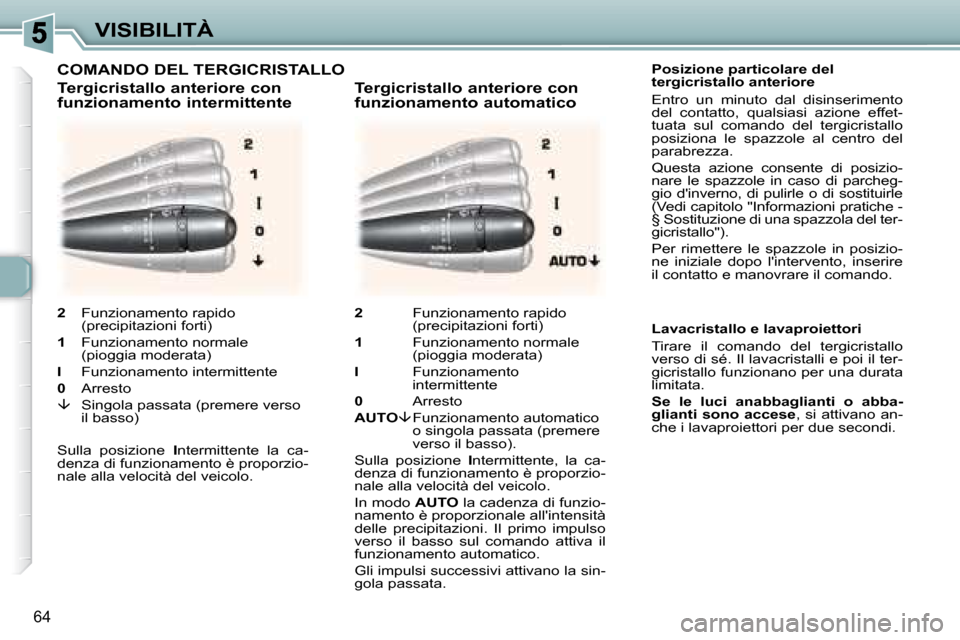 Peugeot 307 CC 2007.5  Manuale del proprietario (in Italian) 64
VISIBILITÀ    Posizione particolare del  
tergicristallo anteriore  
 Entro  un  minuto  dal  disinserimento  
del  contatto,  qualsiasi  azione  effet-
tuata  sul  comando  del  tergicristallo 
p