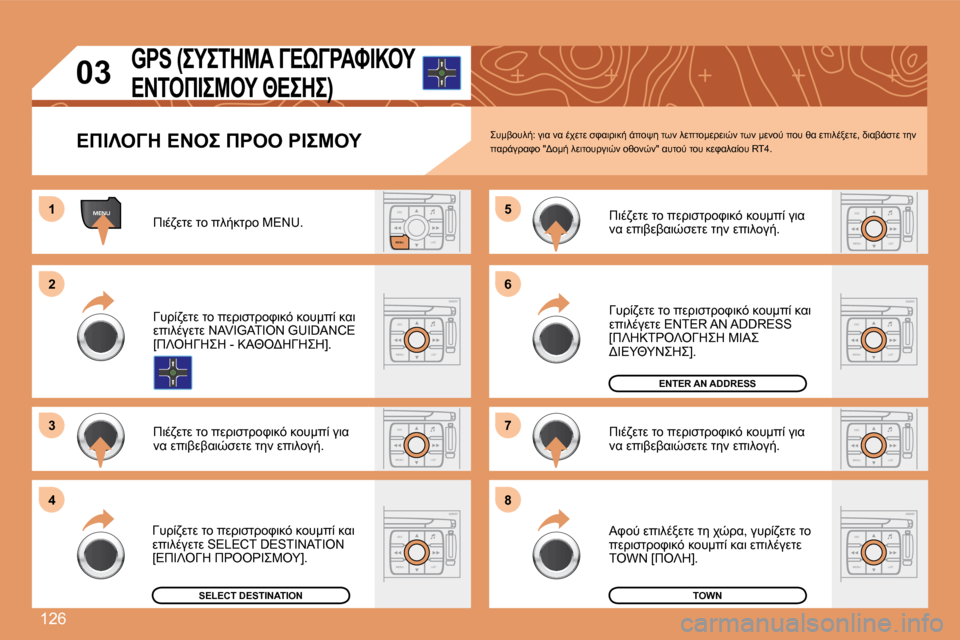 Peugeot 307 CC 2007.5  Εγχειρίδιο χρήσης (in Greek) 126
MENUESCLIST
MENU
ESC
MENU LISTESC
MENU LIST
ESC
MENU LIST
ESC
MENU LIST
1 
 2 
3  5 
7
4  6 
8
ESC
MENU LIST
ESC
MENU LIST
ESC
MENU LIST
03 G P S   (	
