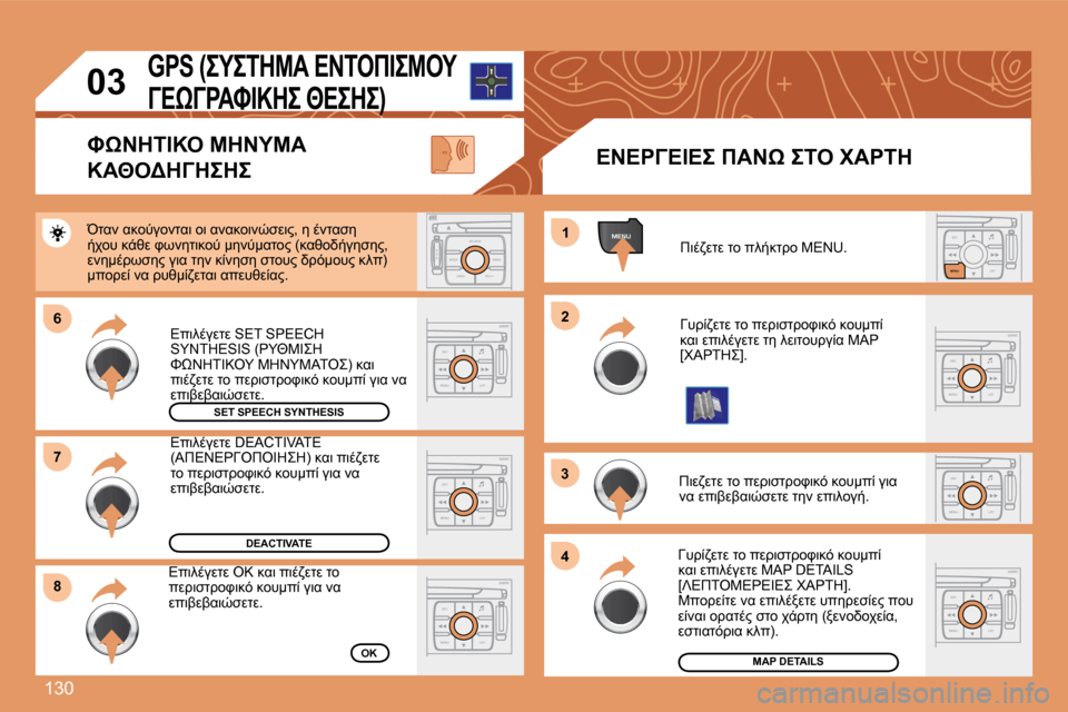 Peugeot 307 CC 2007.5  Εγχειρίδιο χρήσης (in Greek) 130
ESCLIST
MENU
ESC
MENU LIST
ESC
MENU LIST
MENU
 6 
8 1
 2
3 
4
ESC
MENU LIST
ESC
MENU LIST
S
O S SOURCE
MODE BAND TPT
A  Y
DARK
ESC
MENU LIST
7ESC
MENU LIST
03
#7.4MOM  O=  
