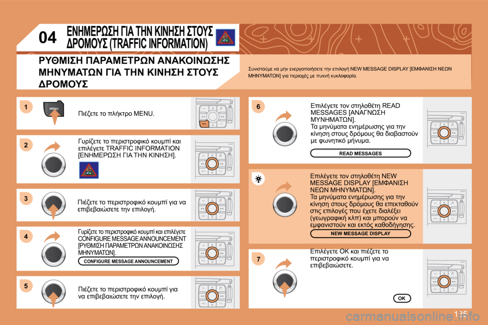 Peugeot 307 CC 2007.5  Εγχειρίδιο χρήσης (in Greek) 135
ESCLIST
MENU
MENU1
ESC
MENU LIST
 2
3 
4  6
 5
ESC
MENU LIST
ESC
MENU LIST
7
ESC
MENU LIST
ESC
MENU LIST
ESC
MENU LIST
ESC
MENU LIST
04
#7.4MOM  O=  