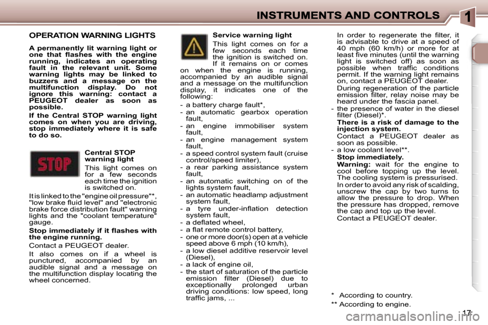 Peugeot 307 CC 2007  Owners Manual �1�7
�O�P�E�R�A�T�I�O�N� �W�A�R�N�I�N�G� �L�I�G�H�T�S
�A�  �p�e�r�m�a�n�e�n�t�l�y�  �l�i�t�  �w�a�r�n�i�n�g�  �l�i�g�h�t�  �o�r� �o�n�e�  �t�h�a�t�  �ﬂ�a�s�h�e�s�  �w�i�t�h�  �t�h�e�  �e�n�g�i�n�e� 