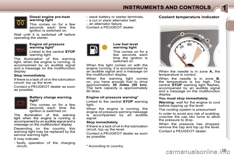 Peugeot 307 CC 2007  Owners Manual �1�9
�E�n�g�i�n�e� �o�i�l� �p�r�e�s�s�u�r�e� �w�a�r�n�i�n�g�*
�L�i�n�k�e�d�  �t�o�  �t�h�e�  �c�e�n�t�r�a�l� �S�T�O�P�  �w�a�r�n�i�n�g� �l�i�g�h�t�.
�W�h�e�n�  �t�h�e�  �e�n�g�i�n�e�  �i�s�  �r�u�n�n�