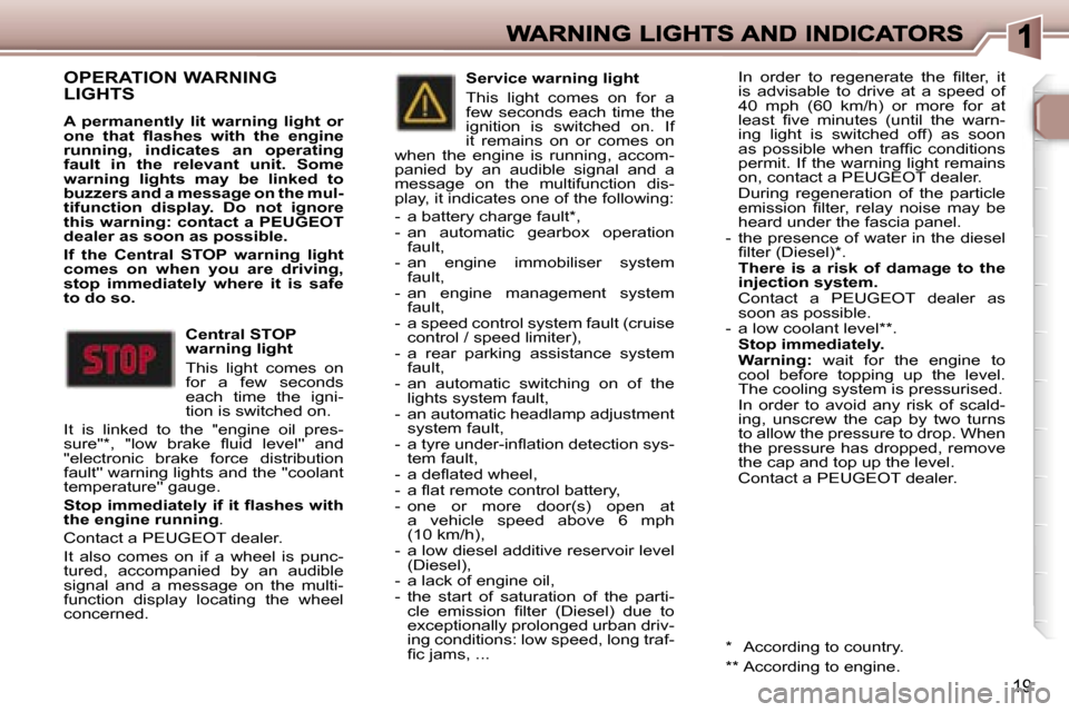 Peugeot 307 CC 2006  Owners Manual �1�9
�O�P�E�R�A�T�I�O�N� �W�A�R�N�I�N�G�  
�L�I�G�H�T�S
�A�  �p�e�r�m�a�n�e�n�t�l�y�  �l�i�t�  �w�a�r�n�i�n�g�  �l�i�g�h�t�  �o�r� �o�n�e�  �t�h�a�t�  �ﬂ�a�s�h�e�s�  �w�i�t�h�  �t�h�e�  �e�n�g�i�n�e