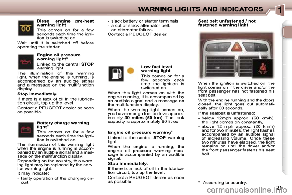 Peugeot 307 CC 2006  Owners Manual �2�1
�E�n�g�i�n�e� �o�i�l� �p�r�e�s�s�u�r�e� �w�a�r�n�i�n�g�*
�L�i�n�k�e�d�  �t�o�  �t�h�e�  �c�e�n�t�r�a�l� �S�T�O�P�  �w�a�r�n�i�n�g� �l�i�g�h�t�.
�W�h�e�n�  �t�h�e�  �e�n�g�i�n�e�  �i�s�  �r�u�n�n�