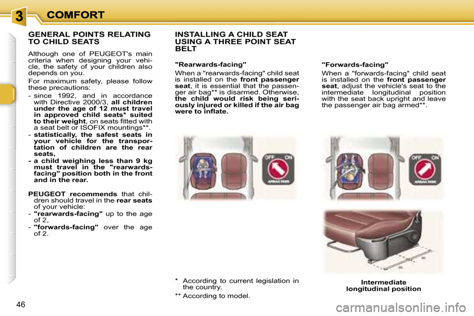 Peugeot 307 CC 2006  Owners Manual �4�6
�"�F�o�r�w�a�r�d�s�-�f�a�c�i�n�g�"
�W�h�e�n�  �a�  �"�f�o�r�w�a�r�d�s�-�f�a�c�i�n�g�"�  �c�h�i�l�d�  �s�e�a�t� �i�s�  �i�n�s�t�a�l�l�e�d�  �o�n�  �t�h�e� �f�r�o�n�t�  �p�a�s�s�e�n�g�e�r� �s�e�a�t