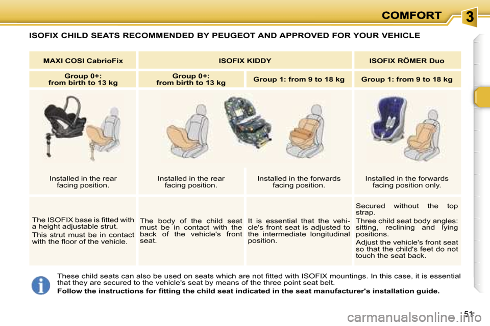 Peugeot 307 CC 2006  Owners Manual �5�1
�I�S�O�F�I�X� �C�H�I�L�D� �S�E�A�T�S� �R�E�C�O�M�M�E�N�D�E�D� �B�Y� �P�E�U�G�E�O�T� �A�N�D� �A�P�P�R�O�V�E�D� �F�O�R� �Y�O�U�R� �V�E�H�I�C�L�E
�T�h�e�s�e� �c�h�i�l�d� �s�e�a�t�s� �c�a�n� �a�l�s�o