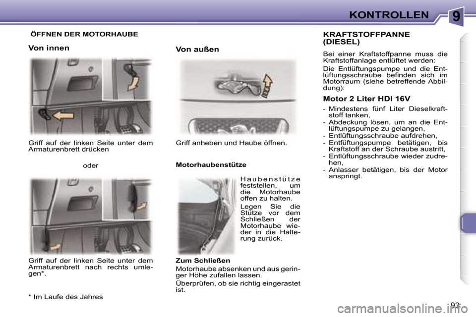 Peugeot 307 CC 2006  Betriebsanleitung (in German) �9�K�O�N�T�R�O�L�L�E�N
�9�3
�G�r�i�f�f�  �a�u�f�  �d�e�r�  �l�i�n�k�e�n�  �S�e�i�t�e�  �u�n�t�e�r�  �d�e�m�  
�A�r�m�a�t�u�r�e�n�b�r�e�t�t� �d�r�ü�c�k�e�n�G�r�i�f�f� �a�n�h�e�b�e�n� �u�n�d� �H�a�u�b�