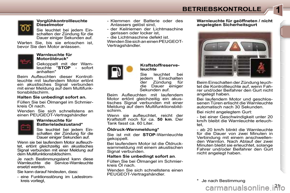 Peugeot 307 CC 2006  Betriebsanleitung (in German) �1�B�E�T�R�I�E�B�S�K�O�N�T�R�O�L�L�E
�2�1
�Ö�l�d�r�u�c�k�-�W�a�r�n�m�e�l�d�u�n�g�*�  
�S�i�e�  �i�s�t�  �m�i�t�  �d�e�r� �S�T�O�P�-�W�a�r�n�l�e�u�c�h�t�e� 
�g�e�k�o�p�p�e�l�t�.�  
�B�e�i� �l�a�u�f�e�