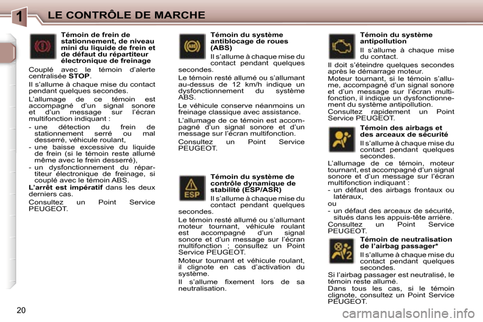 Peugeot 307 CC 2006  Manuel du propriétaire (in French) �1�L�E� �C�O�N�T�R�Ô�L�E� �D�E� �M�A�R�C�H�E
�2�0
�T�é�m�o�i�n� �d�e�s� �a�i�r�b�a�g�s� �e�t�  
�d�e�s� �a�r�c�e�a�u�x� �d�e� �s�é�c�u�r�i�t�é 
�I�l� �s�’�a�l�l�u�m�e� �à� �c�h�a�q�u�e� �m�i�s�