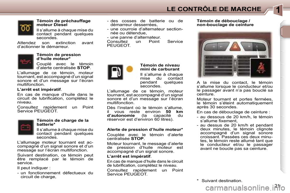 Peugeot 307 CC 2006  Manuel du propriétaire (in French) �1�L�E� �C�O�N�T�R�Ô�L�E� �D�E� �M�A�R�C�H�E
�2�1
�A�l�e�r�t�e� �d�e� �p�r�e�s�s�i�o�n� �d�’�h�u�i�l�e� �m�o�t�e�u�r�* 
�C�o�u�p�l�é�e�  �a�v�e�c�  �l�e�  �t�é�m�o�i�n�  �d�’�a�l�e�r�t�e�  
�c�