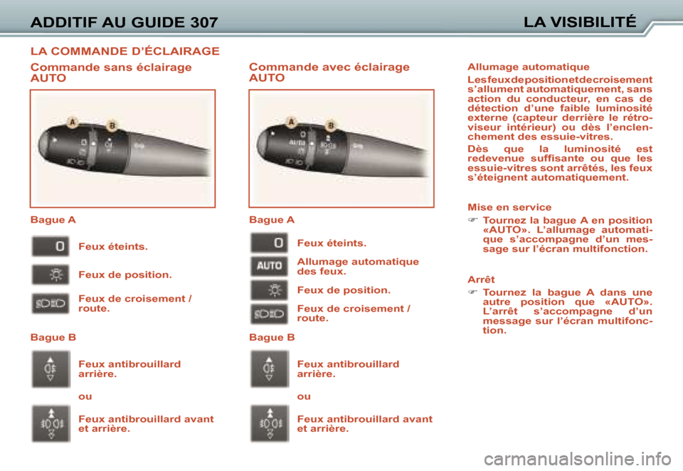 Peugeot 307 CC 2006  Manuel du propriétaire (in French) �L�A� �C�O�M�M�A�N�D�E� �D�’�É�C�L�A�I�R�A�G�E
�A�D�D�I�T�I�F� �A�U� �G�U�I�D�E� �3�0�7�L�A� �V�I�S�I�B�I�L�I�T�É
�C�o�m�m�a�n�d�e� �a�v�e�c� �é�c�l�a�i�r�a�g�e�  
�A�U�T�O
�C�o�m�m�a�n�d�e� �s�a
