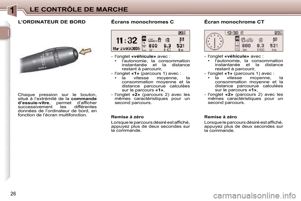 Peugeot 307 CC 2006  Manuel du propriétaire (in French) �1�L�E� �C�O�N�T�R�Ô�L�E� �D�E� �M�A�R�C�H�E
�2�6
�L�’�O�R�D�I�N�A�T�E�U�R� �D�E� �B�O�R�D
�C�h�a�q�u�e�  �p�r�e�s�s�i�o�n�  �s�u�r�  �l�e�  �b�o�u�t�o�n�,�  
�s�i�t�u�é�  �à�  �l�’�e�x�t�r�é�