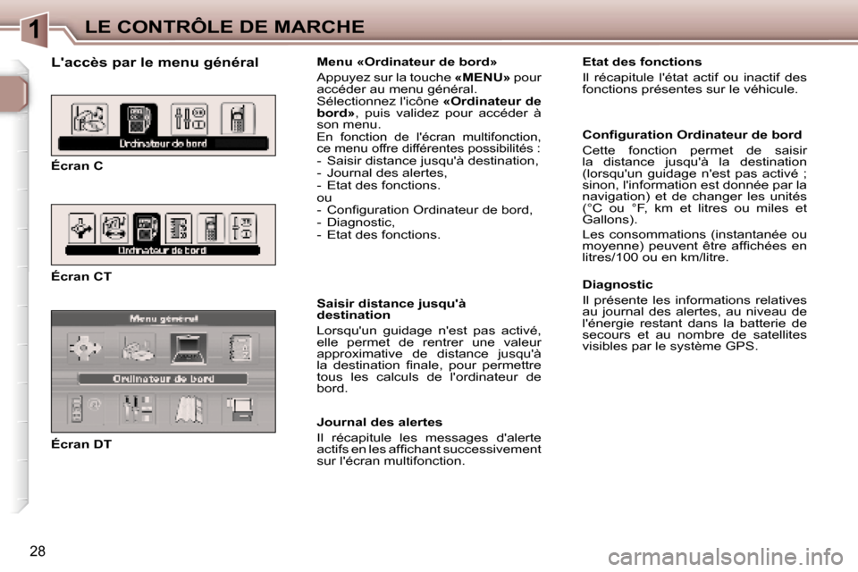 Peugeot 307 CC 2006  Manuel du propriétaire (in French) �1�L�E� �C�O�N�T�R�Ô�L�E� �D�E� �M�A�R�C�H�E
�2�8
�L��a�c�c�è�s� �p�a�r� �l�e� �m�e�n�u� �g�é�n�é�r�a�l
�É�c�r�a�n� �C 
�É�c�r�a�n� �C�T 
�É�c�r�a�n� �D�T�M�e�n�u� �«�O�r�d�i�n�a�t�e�u�r� �d�