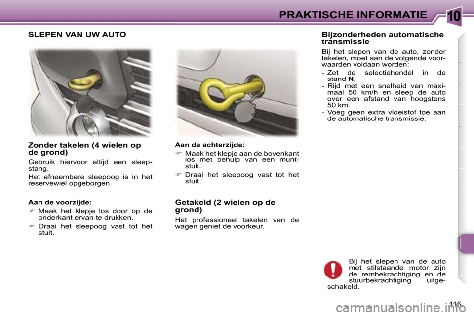 Peugeot 307 CC 2006  Handleiding (in Dutch) �1�0�P�R�A�K�T�I�S�C�H�E� �I�N�F�O�R�M�A�T�I�E
�1�1�5
�Z�o�n�d�e�r� �t�a�k�e�l�e�n� �(�4� �w�i�e�l�e�n� �o�p�  
�d�e� �g�r�o�n�d�)
�G�e�b�r�u�i�k�  �h�i�e�r�v�o�o�r�  �a�l�t�i�j�d�  �e�e�n�  �s�l�e�e�
