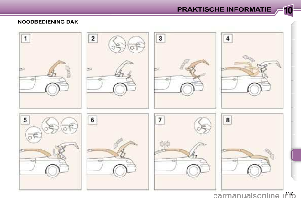 Peugeot 307 CC 2006  Handleiding (in Dutch) �1�0�P�R�A�K�T�I�S�C�H�E� �I�N�F�O�R�M�A�T�I�E
�1�1�7
�N�O�O�D�B�E�D�I�E�N�I�N�G� �D�A�K   