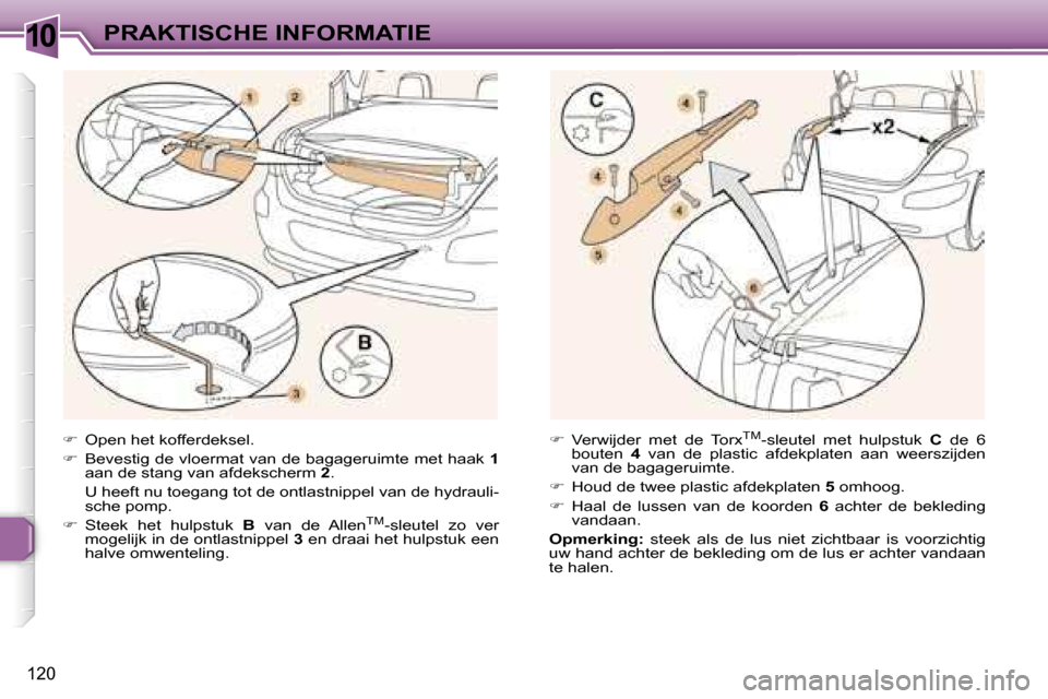 Peugeot 307 CC 2006  Handleiding (in Dutch) �1�0�P�R�A�K�T�I�S�C�H�E� �I�N�F�O�R�M�A�T�I�E
�1�2�0
��  �O�p�e�n� �h�e�t� �k�o�f�f�e�r�d�e�k�s�e�l�.
� �  �B�e�v�e�s�t�i�g� �d�e� �v�l�o�e�r�m�a�t� �v�a�n� �d�e� �b�a�g�a�g�e�r�u�i�m�t�e� �m�e