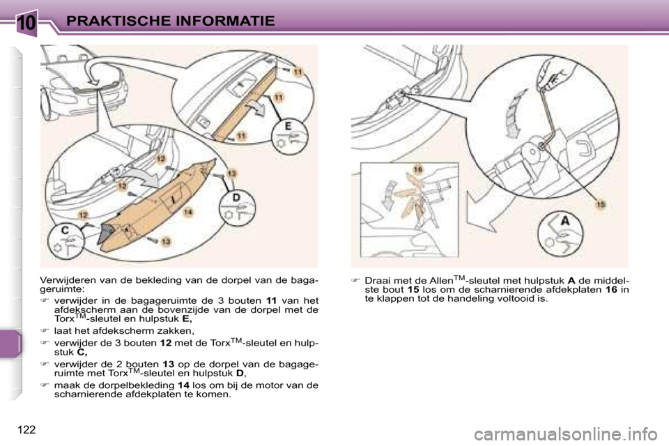 Peugeot 307 CC 2006  Handleiding (in Dutch) �1�0�P�R�A�K�T�I�S�C�H�E� �I�N�F�O�R�M�A�T�I�E
�1�2�2
�V�e�r�w�i�j�d�e�r�e�n� �v�a�n� �d�e� �b�e�k�l�e�d�i�n�g� �v�a�n� �d�e� �d�o�r�p�e�l� �v�a�n� �d�e� �b�a�g�a�- 
�g�e�r�u�i�m�t�e�: 
��  �v�e�r�
