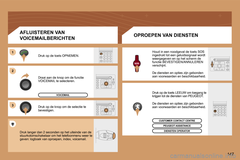 Peugeot 307 CC 2006  Handleiding (in Dutch) �1 
�2 
�3
�1�4�7
�D�r�a�a�i� �a�a�n� �d�e� �k�n�o�p� �o�m� �d�e� �f�u�n�c�t�i�e�  
�V�O�I�C�E�M�A�I�L� �t�e� �s�e�l�e�c�t�e�r�e�n�.
�D�r�u�k� �o�p� �d�e� �t�o�e�t�s� �O�P�N�E�M�E�N�. 
�D�r�u�k� �o�p�