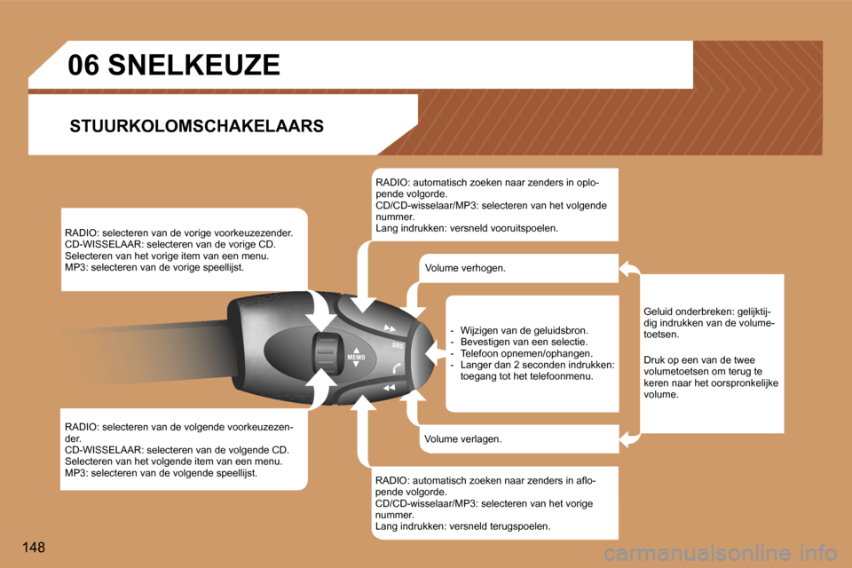 Peugeot 307 CC 2006  Handleiding (in Dutch) �1�4�8�R�A�D�I�O�:� �s�e�l�e�c�t�e�r�e�n� �v�a�n� �d�e� �v�o�r�i�g�e� �v�o�o�r�k�e�u�z�e�z�e�n�d�e�r�. 
�C�D�-�W�I�S�S�E�L�A�A�R�:� �s�e�l�e�c�t�e�r�e�n� �v�a�n� �d�e� �v�o�r�i�g�e� �C�D�.
�S�e�l�e�c�