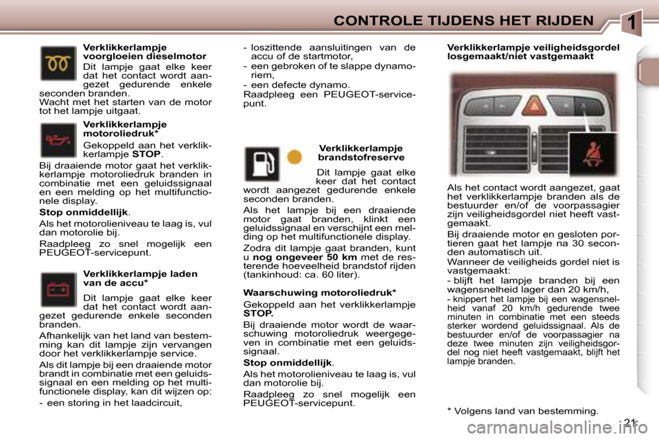 Peugeot 307 CC 2006  Handleiding (in Dutch) �1�C�O�N�T�R�O�L�E� �T�I�J�D�E�N�S� �H�E�T� �R�I�J�D�E�N
�2�1
�W�a�a�r�s�c�h�u�w�i�n�g� �m�o�t�o�r�o�l�i�e�d�r�u�k�* 
�G�e�k�o�p�p�e�l�d�  �a�a�n�  �h�e�t�  �v�e�r�k�l�i�k�k�e�r�l�a�m�p�j�e�  
�S�T�O�