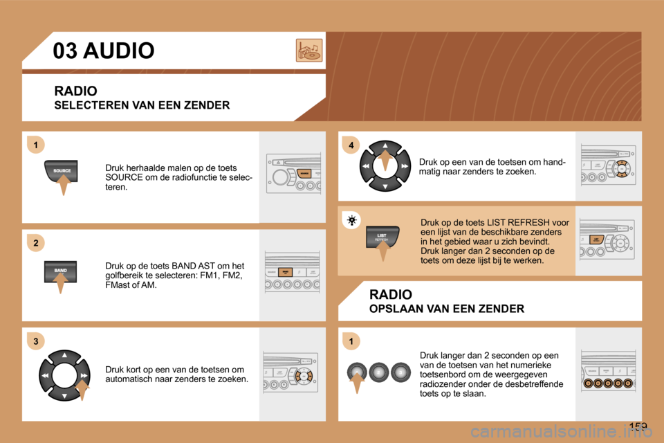 Peugeot 307 CC 2006  Handleiding (in Dutch) �1 
�2 
�3�4 
�1
�1�5�9
�0�3� �A�U�D�I�O
�R�A�D�I�O 
�S�E�L�E�C�T�E�R�E�N� �V�A�N� �E�E�N� �Z�E�N�D�E�R
�R�A�D�I�O
�O�P�S�L�A�A�N� �V�A�N� �E�E�N� �Z�E�N�D�E�R
�D�r�u�k� �h�e�r�h�a�a�l�d�e� �m�a�l�e�n