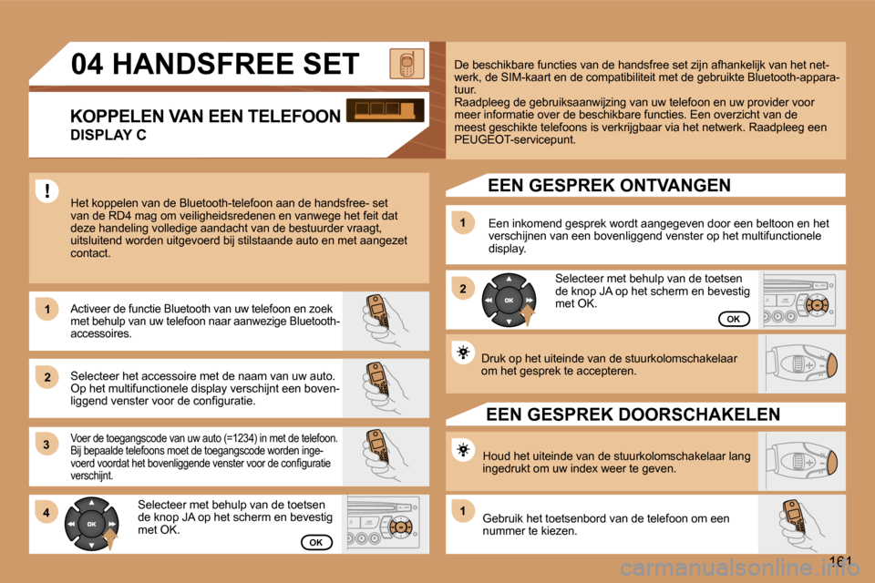 Peugeot 307 CC 2006  Handleiding (in Dutch) �1 
�2�1 
�2
�3 
�4
�1�6�1
�1
�O�K
�O�K
�S�e�l�e�c�t�e�e�r� �m�e�t� �b�e�h�u�l�p� �v�a�n� �d�e� �t�o�e�t�s�e�n� �  
�d�e� �k�n�o�p� �J�A� �o�p� �h�e�t� �s�c�h�e�r�m� �e�n� �b�e�v�e�s�t�i�g� 
�m�e�t� �