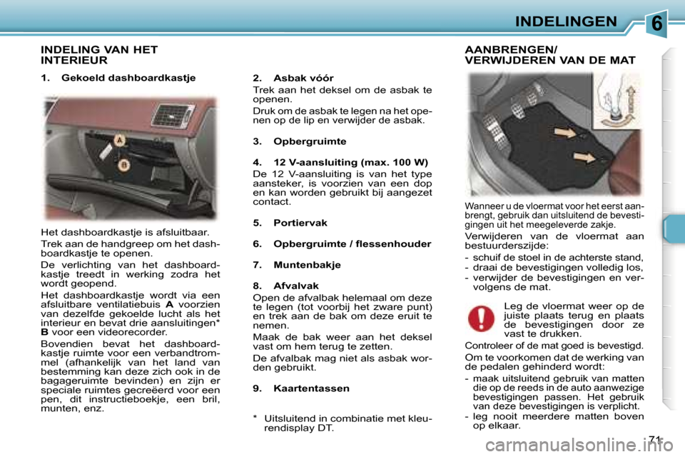 Peugeot 307 CC 2006  Handleiding (in Dutch) �6�I�N�D�E�L�I�N�G�E�N
�7�1
�I�N�D�E�L�I�N�G� �V�A�N� �H�E�T�  
�I�N�T�E�R�I�E�U�R
�1�.�  �G�e�k�o�e�l�d� �d�a�s�h�b�o�a�r�d�k�a�s�t�j�e�2�.�  �A�s�b�a�k� �v�ó�ó�r 
�T�r�e�k�  �a�a�n�  �h�e�t�  �d�e