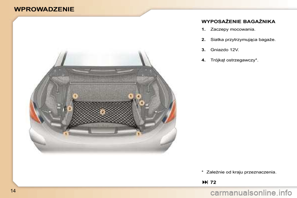 Peugeot 307 CC 2006  Instrukcja Obsługi (in Polish) �1�4
�W�P�R�O�W�A�D�Z�E�N�I�E
�W�Y�P�O�S�AF�E�N�I�E� �B�A�G�AF�N�I�K�A
�1�.�  �Z�a�c�z�e�p�y� �m�o�c�o�w�a�n�i�a�.
�2�. �  �S�i�a�t�k�a� �p�r�z�y�t�r�z�y�m�u�j"�c�a� �b�a�g�aG�e�.
�3�. �  �G�n�i�a